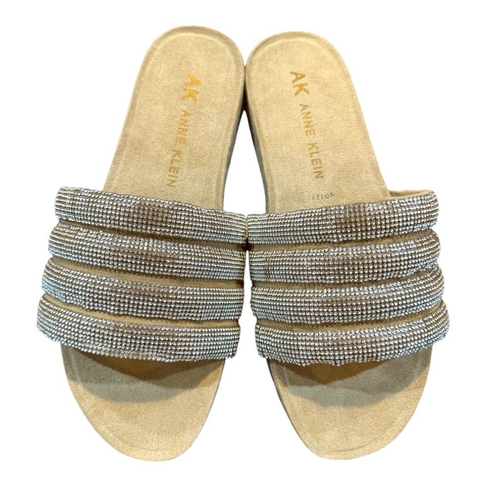 Anne Klein Gloria Taupe suede rhinestone Strappy flat wedge slip on sandals